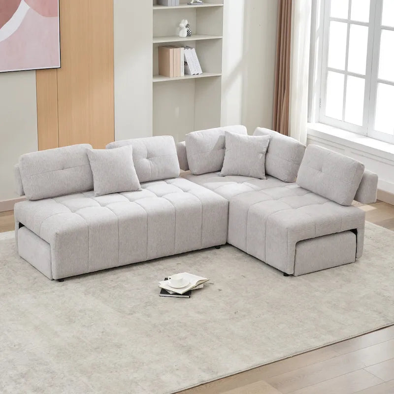 91.73  L-Shaped 4-Seat Sectional Sofa with 2 Hidden Stools, 2 Removable Lumbar Cushions, and Durable Chenille Fabric