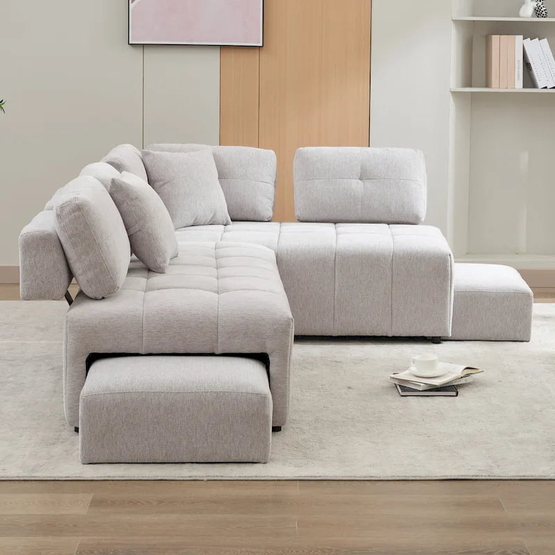 91.73  L-Shaped 4-Seat Sectional Sofa with 2 Hidden Stools, 2 Removable Lumbar Cushions, and Durable Chenille Fabric