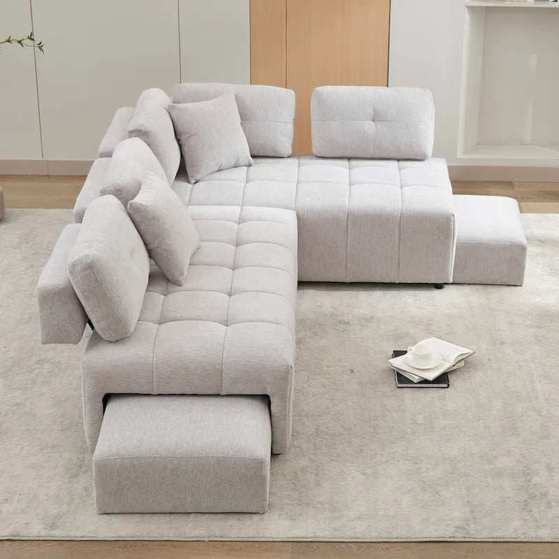 91.73  L-Shaped 4-Seat Sectional Sofa with 2 Hidden Stools, 2 Removable Lumbar Cushions, and Durable Chenille Fabric