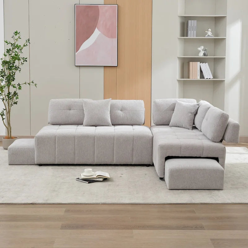 91.73  L-Shaped 4-Seat Sectional Sofa with 2 Hidden Stools, 2 Removable Lumbar Cushions, and Durable Chenille Fabric
