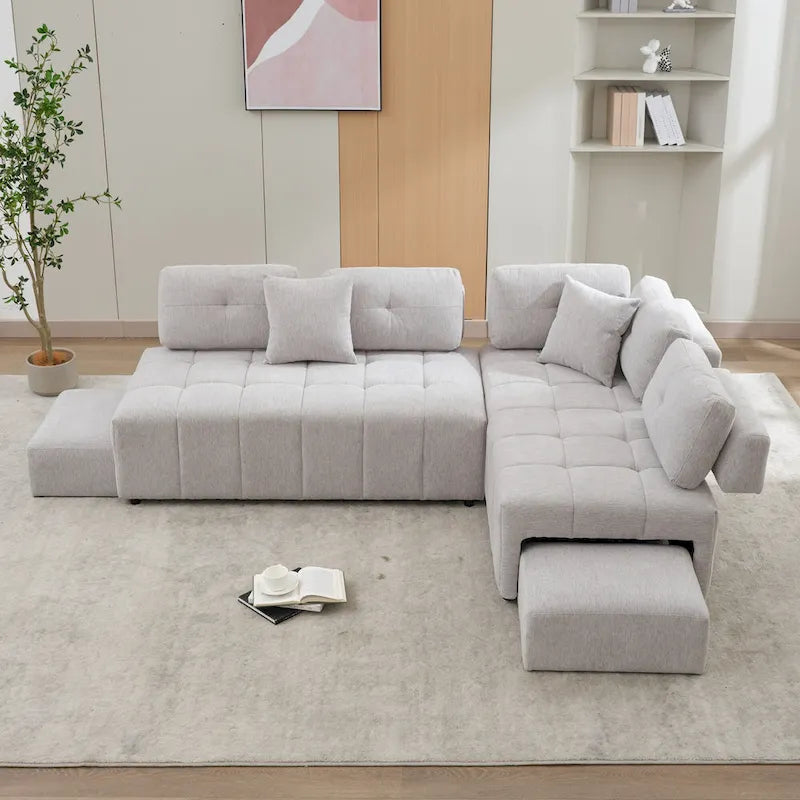 91.73  L-Shaped 4-Seat Sectional Sofa with 2 Hidden Stools, 2 Removable Lumbar Cushions, and Durable Chenille Fabric