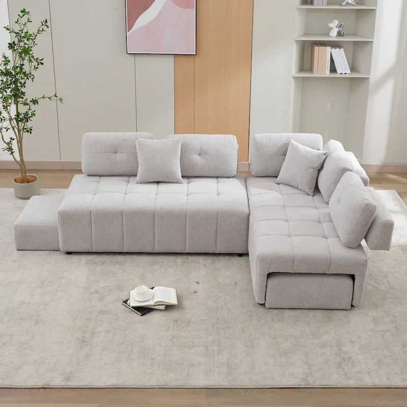 91.73  L-Shaped 4-Seat Sectional Sofa with 2 Hidden Stools, 2 Removable Lumbar Cushions, and Durable Chenille Fabric