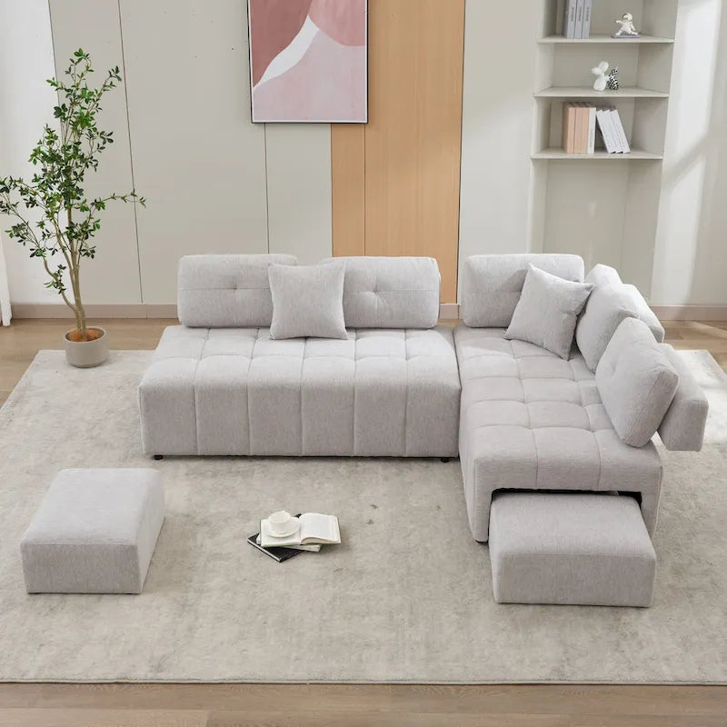 91.73  L-Shaped 4-Seat Sectional Sofa with 2 Hidden Stools, 2 Removable Lumbar Cushions, and Durable Chenille Fabric