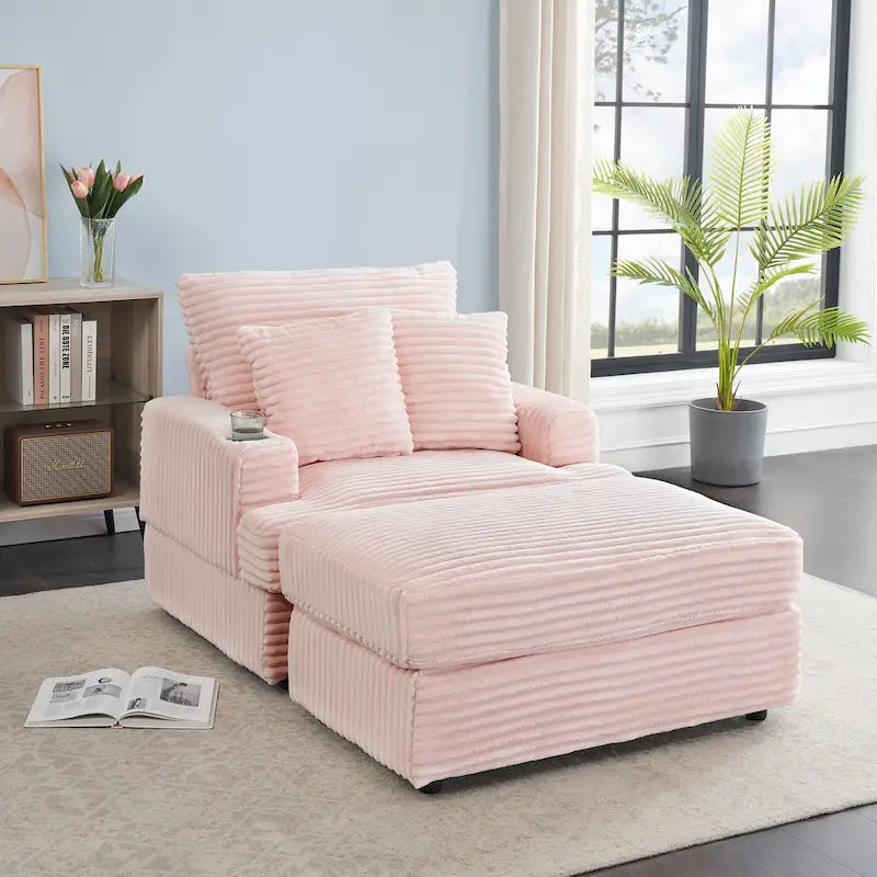 Pink 39.37  Corduroy Upholstered Single Armchair Sofa with Ottoman and Cup Holder for Lving Room
