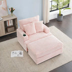Pink 39.37  Corduroy Upholstered Single Armchair Sofa with Ottoman and Cup Holder for Lving Room