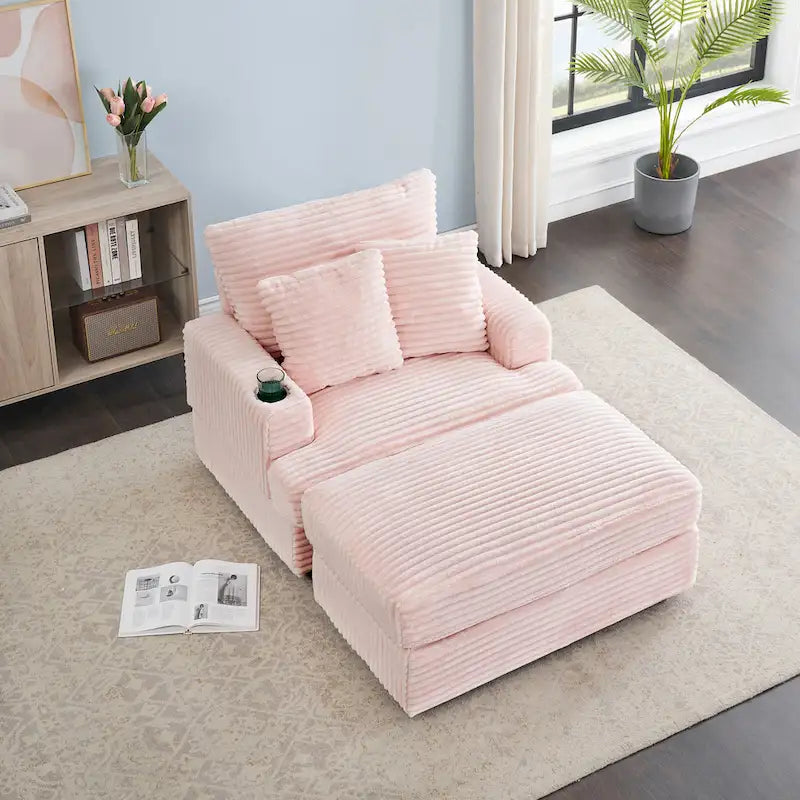 Pink 39.37  Corduroy Upholstered Single Armchair Sofa with Ottoman and Cup Holder for Lving Room