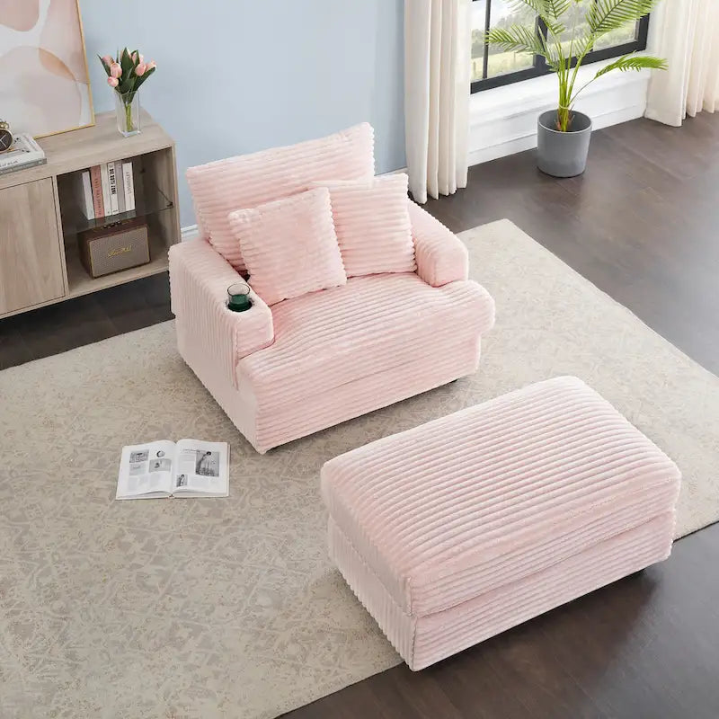 Pink 39.37  Corduroy Upholstered Single Armchair Sofa with Ottoman and Cup Holder for Lving Room