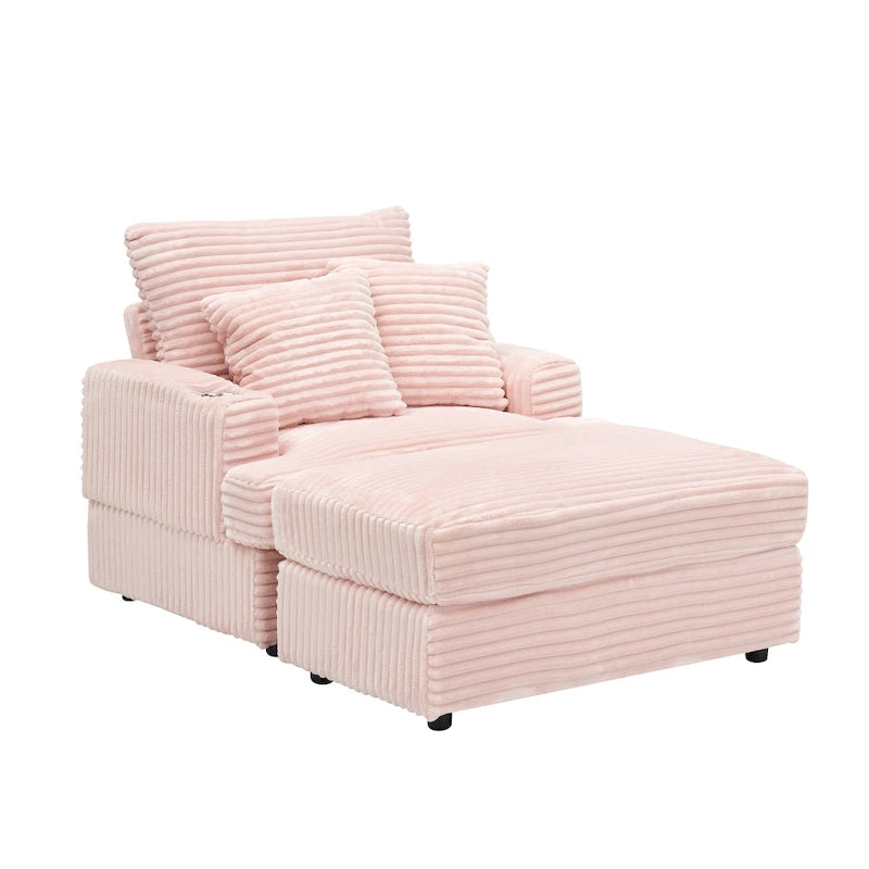 Pink 39.37  Corduroy Upholstered Single Armchair Sofa with Ottoman and Cup Holder for Lving Room