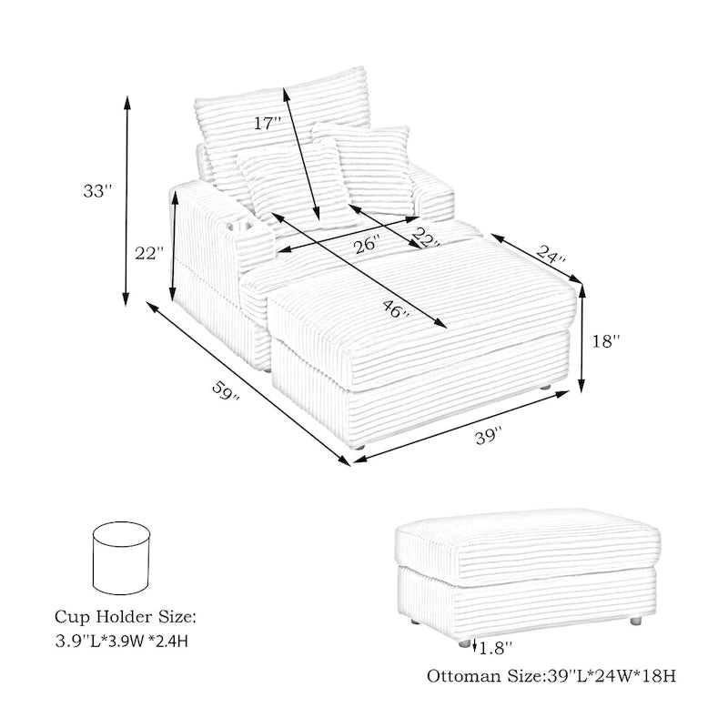 Pink 39.37  Corduroy Upholstered Single Armchair Sofa with Ottoman and Cup Holder for Lving Room