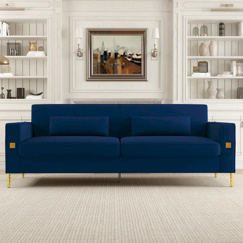 Modern 85.63  Velvet 3-seater Sofa with Gold Accents and Plush Cushions for Living Room