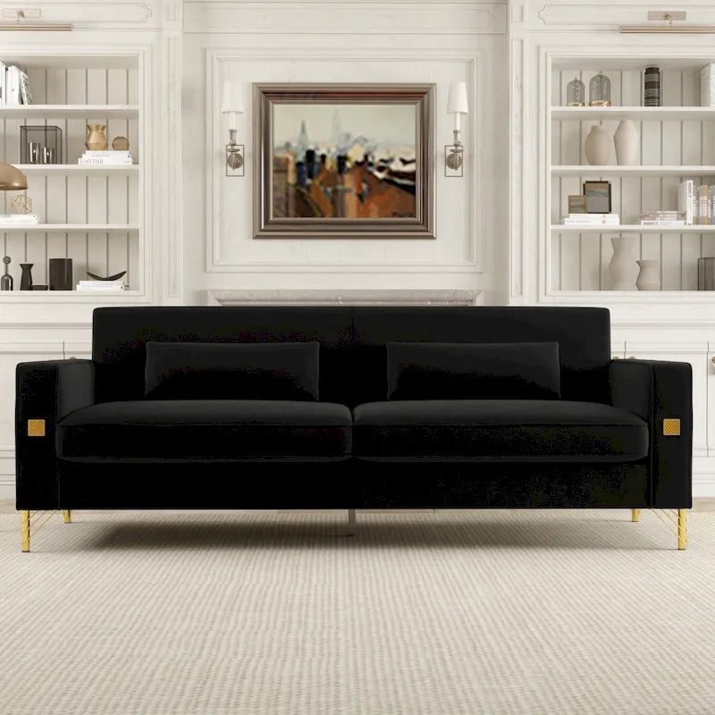 Modern 85.63  Velvet 3-seater Sofa with Gold Accents and Plush Cushions for Living Room
