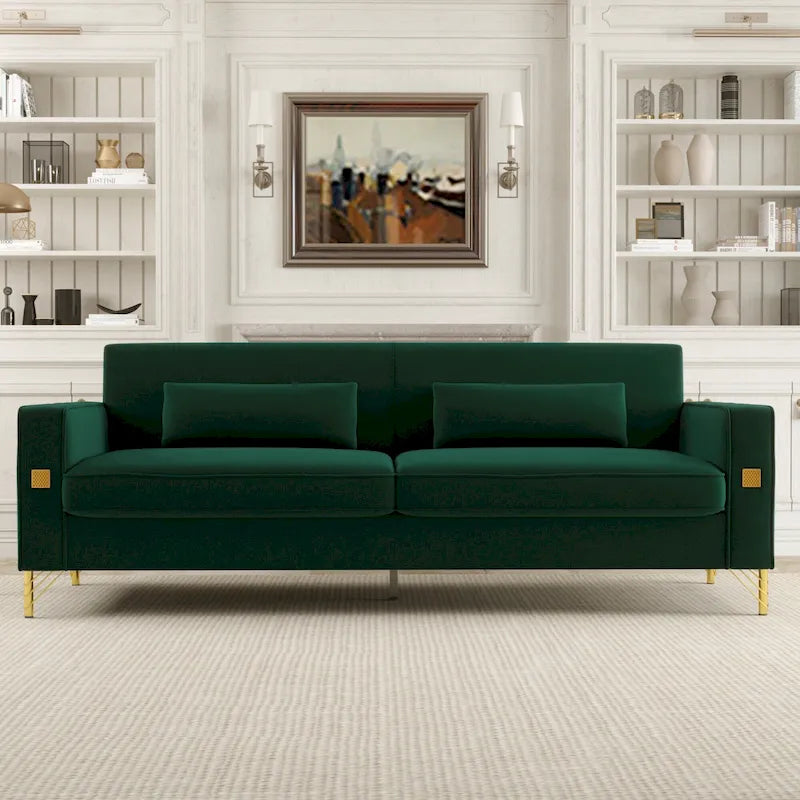 Modern 85.63  Velvet 3-seater Sofa with Gold Accents and Plush Cushions for Living Room