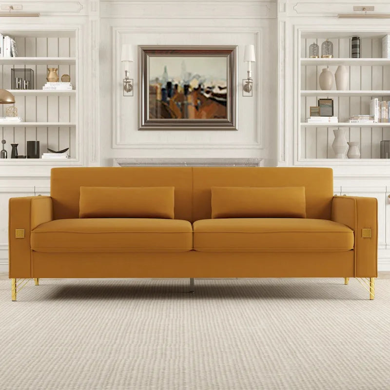 Modern 85.63  Velvet 3-seater Sofa with Gold Accents and Plush Cushions for Living Room