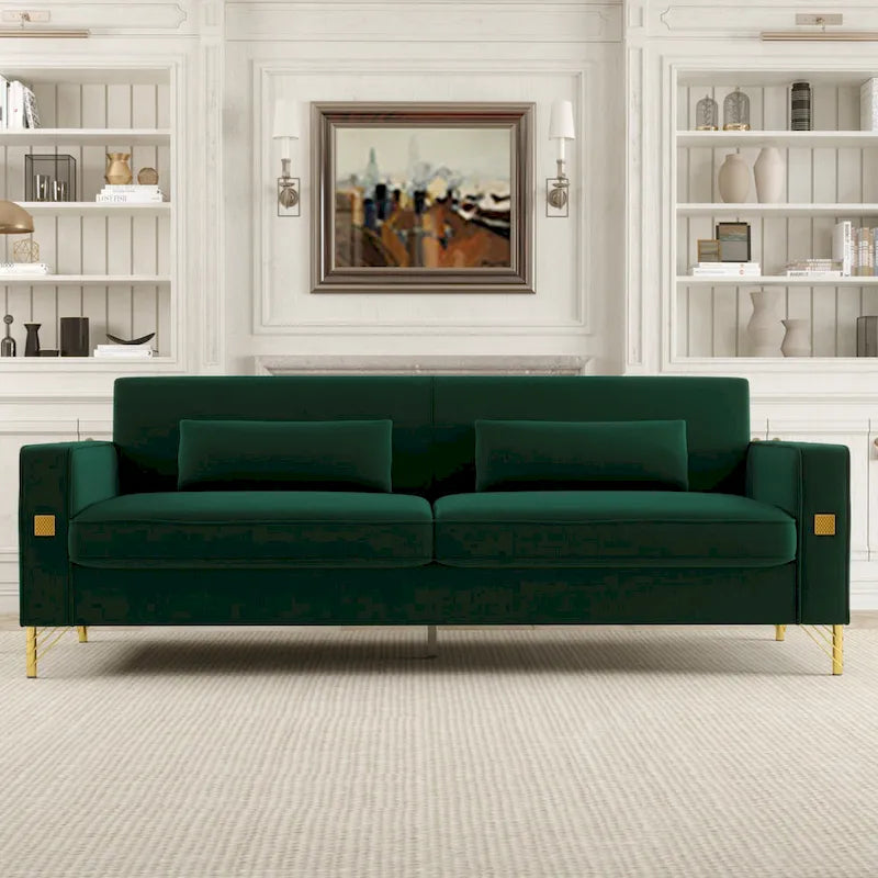 Modern 85.63  Velvet 3-seater Sofa with Gold Accents and Plush Cushions for Living Room