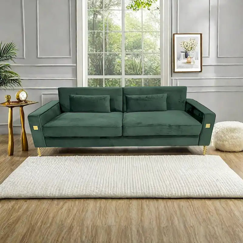Modern 85.63  Velvet 3-seater Sofa with Gold Accents and Plush Cushions for Living Room