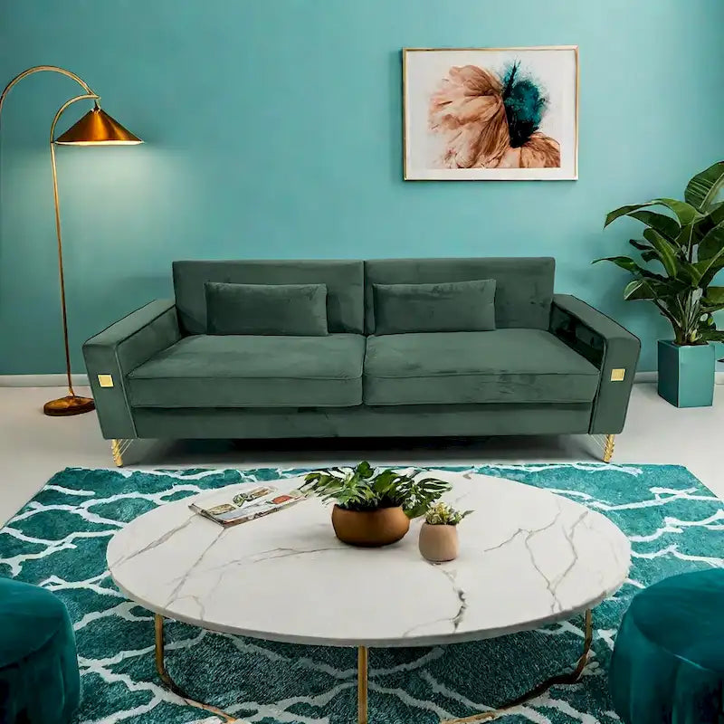 Modern 85.63  Velvet 3-seater Sofa with Gold Accents and Plush Cushions for Living Room