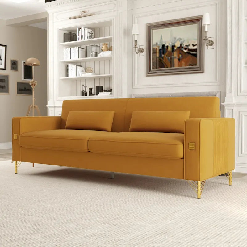 Modern 85.63  Velvet 3-seater Sofa with Gold Accents and Plush Cushions for Living Room