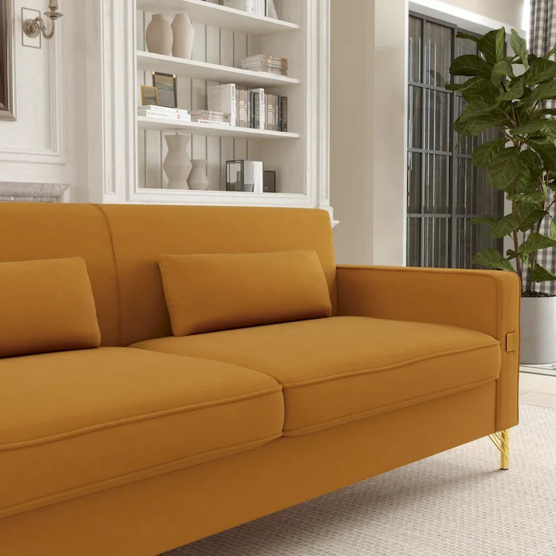 Modern 85.63  Velvet 3-seater Sofa with Gold Accents and Plush Cushions for Living Room