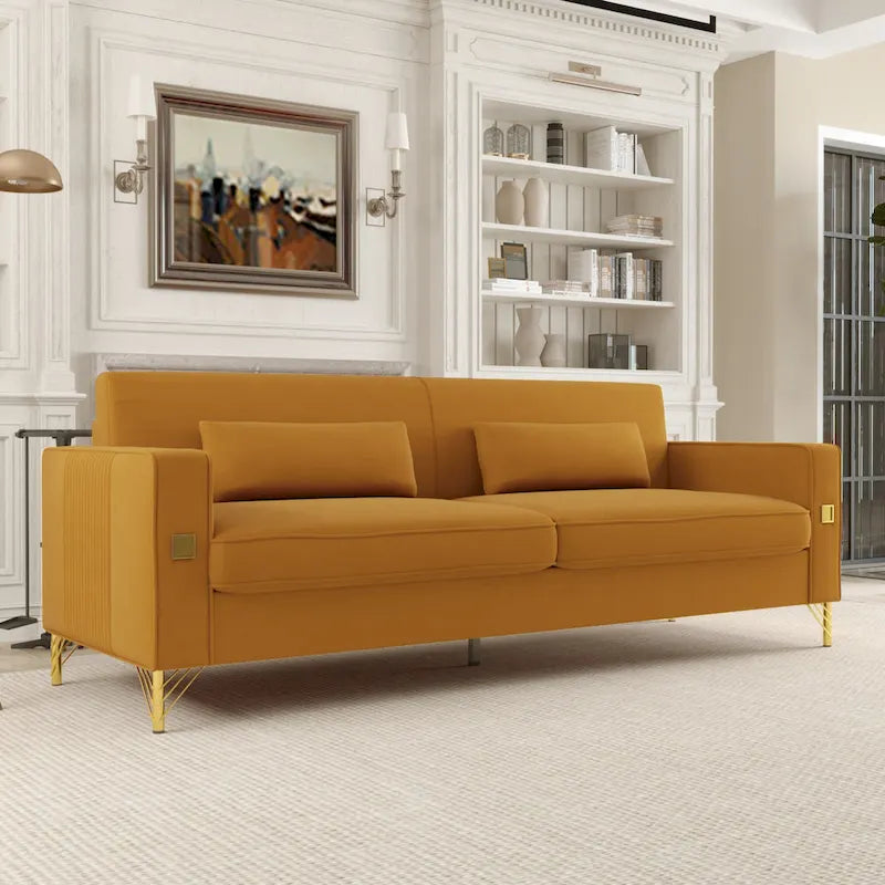 Modern 85.63  Velvet 3-seater Sofa with Gold Accents and Plush Cushions for Living Room