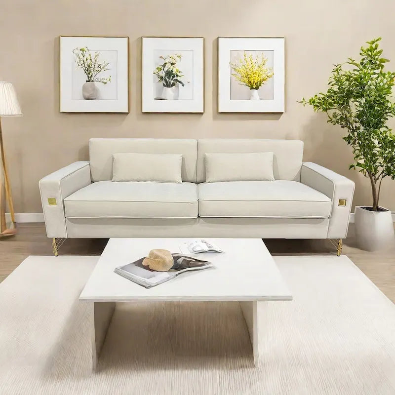 Modern 85.63  Velvet 3-seater Sofa with Gold Accents and Plush Cushions for Living Room