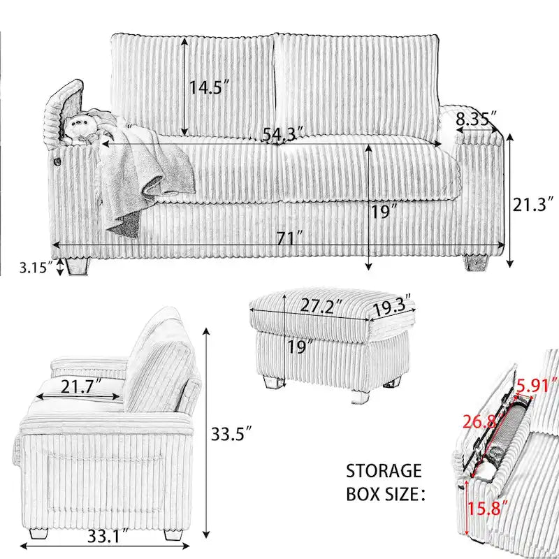 Dark Grey 71  Fabric Loveseat Sofa with Square Storage Armrest and USB port for Living Room