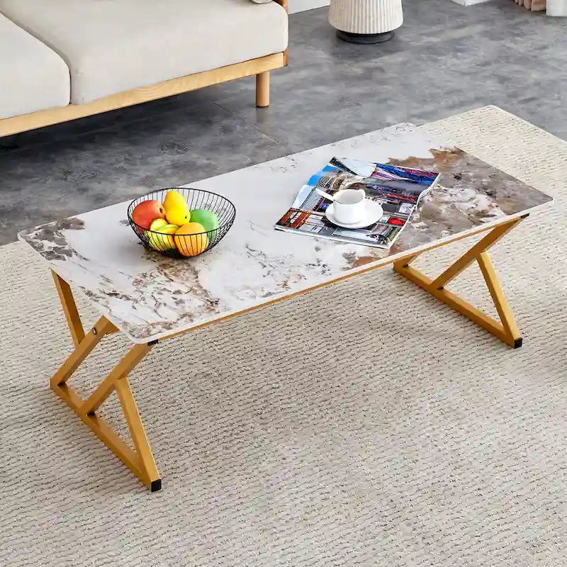 47  Modern Rectangular Coffee Table with Sintered Stone Tabletop and X-shaped Metal Legs