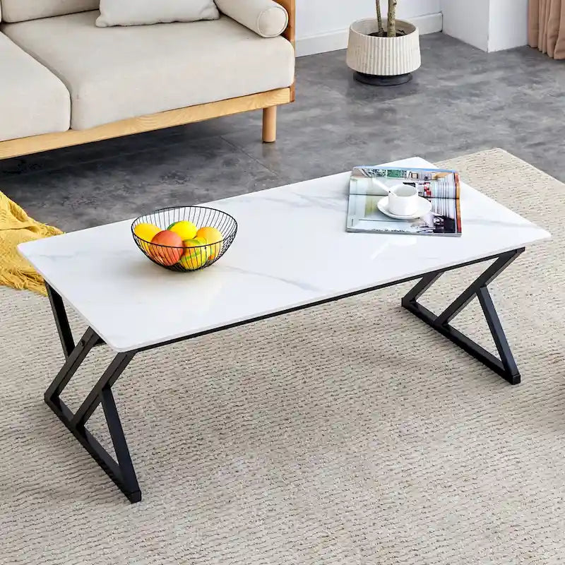 47  Modern Rectangular Coffee Table with Sintered Stone Tabletop and X-shaped Metal Legs