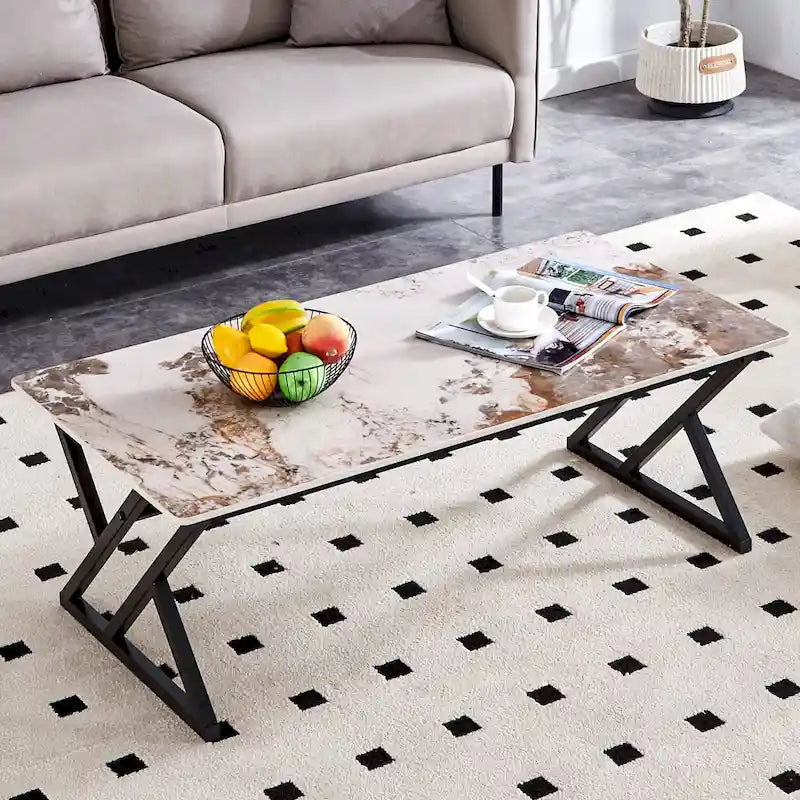 47  Modern Rectangular Coffee Table with Sintered Stone Tabletop and X-shaped Metal Legs