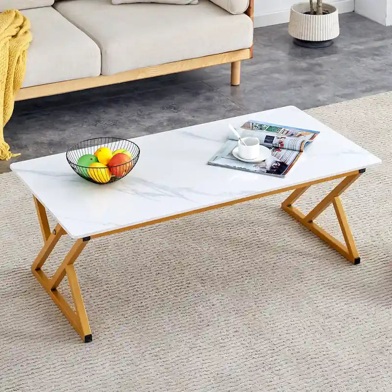 47  Modern Rectangular Coffee Table with Sintered Stone Tabletop and X-shaped Metal Legs