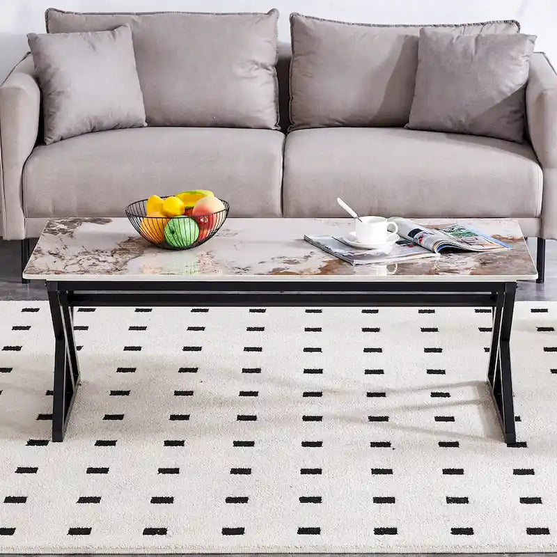 47  Modern Rectangular Coffee Table with Sintered Stone Tabletop and X-shaped Metal Legs