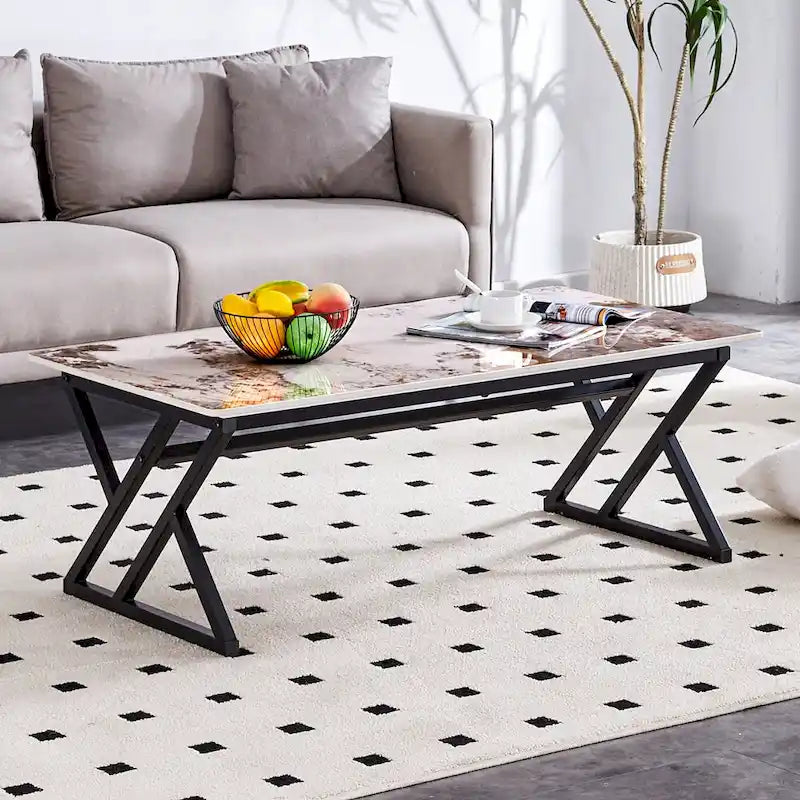 47  Modern Rectangular Coffee Table with Sintered Stone Tabletop and X-shaped Metal Legs