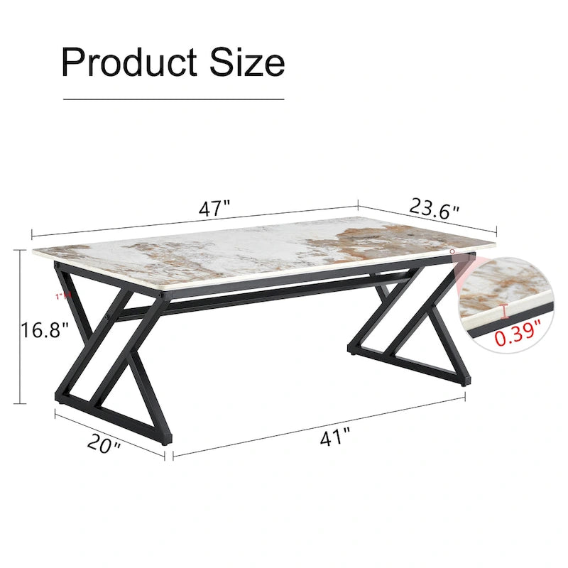 47  Modern Rectangular Coffee Table with Sintered Stone Tabletop and X-shaped Metal Legs