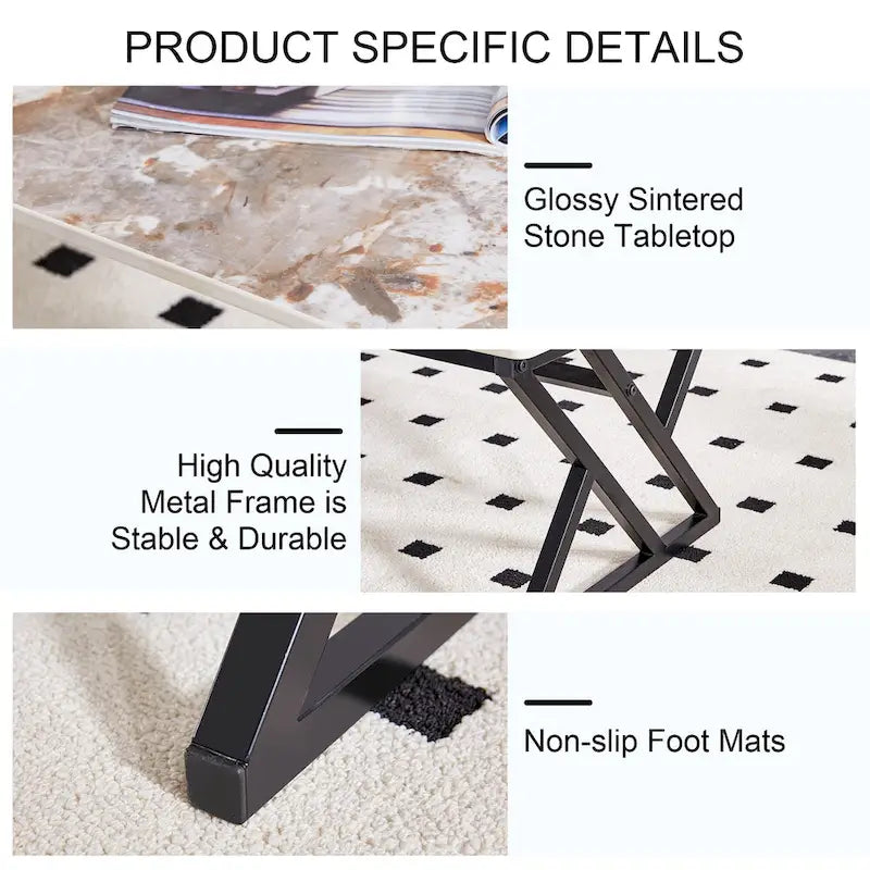 47  Modern Rectangular Coffee Table with Sintered Stone Tabletop and X-shaped Metal Legs