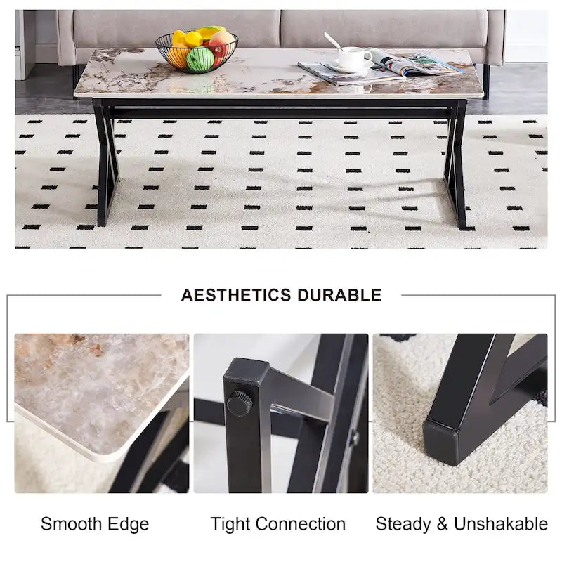 47  Modern Rectangular Coffee Table with Sintered Stone Tabletop and X-shaped Metal Legs