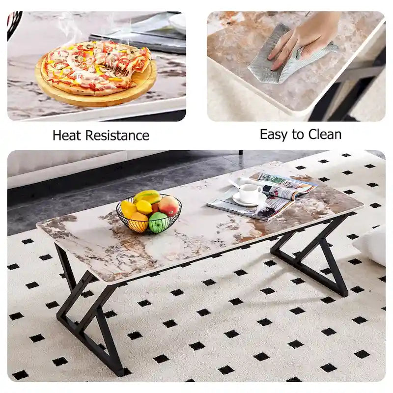 47  Modern Rectangular Coffee Table with Sintered Stone Tabletop and X-shaped Metal Legs