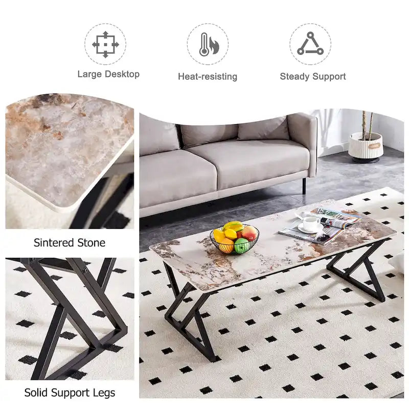47  Modern Rectangular Coffee Table with Sintered Stone Tabletop and X-shaped Metal Legs