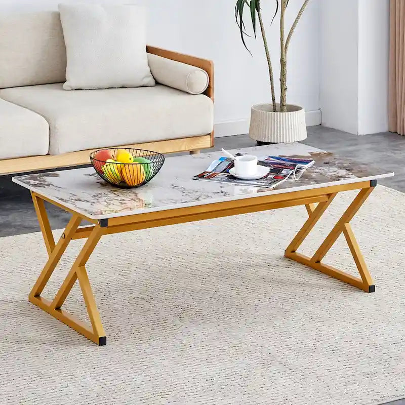 47  Modern Rectangular Coffee Table with Sintered Stone Tabletop and X-shaped Metal Legs