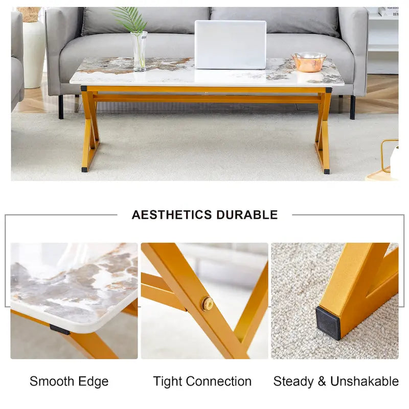 47  Modern Rectangular Coffee Table with Sintered Stone Tabletop and X-shaped Metal Legs
