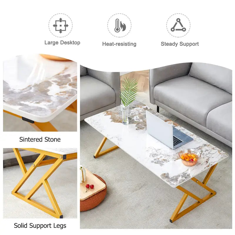 47  Modern Rectangular Coffee Table with Sintered Stone Tabletop and X-shaped Metal Legs