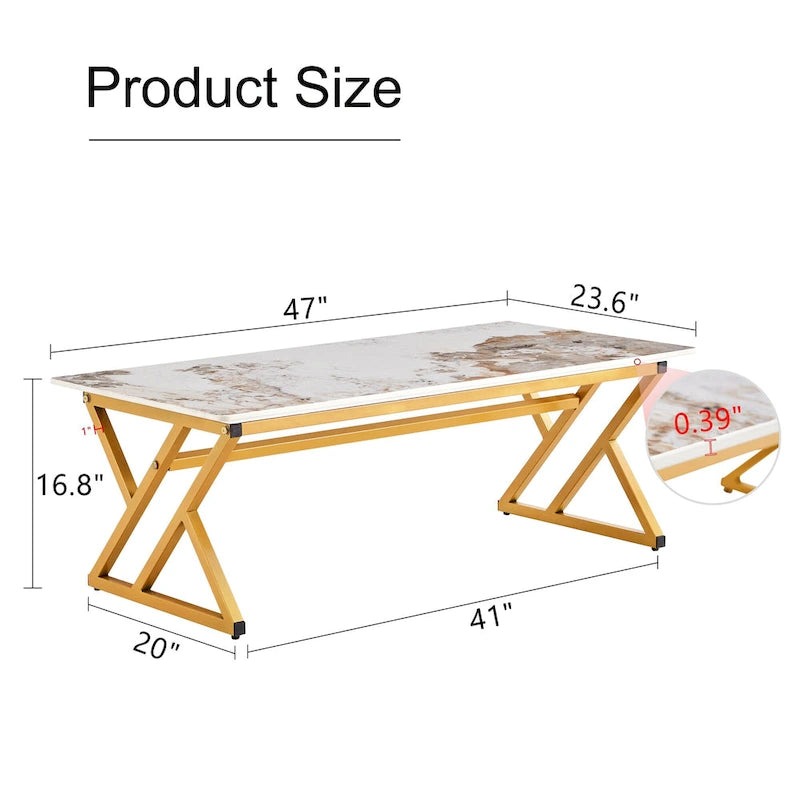 47  Modern Rectangular Coffee Table with Sintered Stone Tabletop and X-shaped Metal Legs
