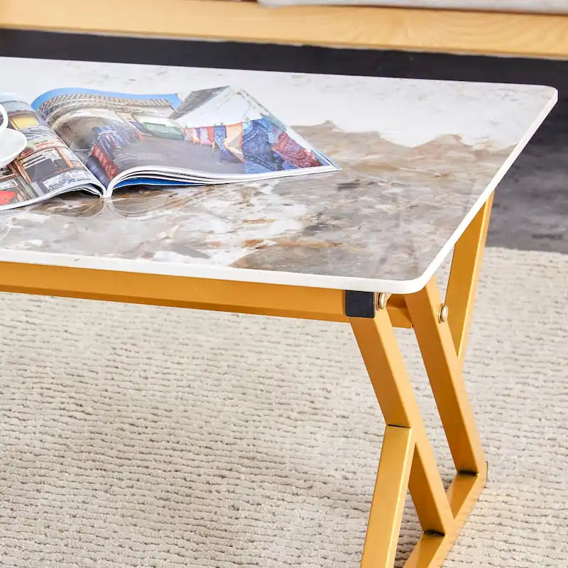 47  Modern Rectangular Coffee Table with Sintered Stone Tabletop and X-shaped Metal Legs