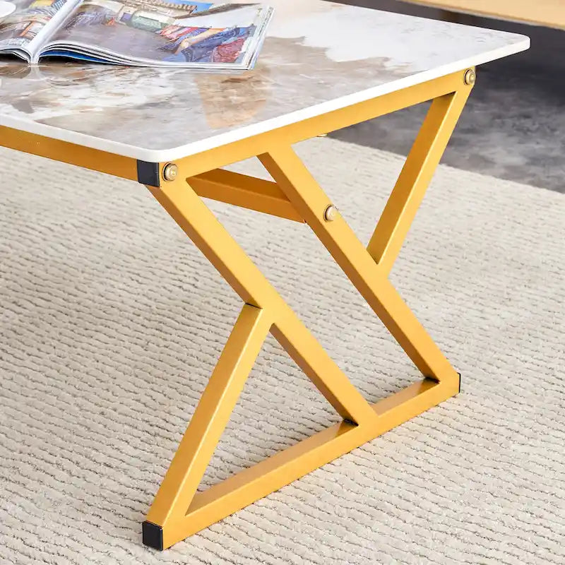 47  Modern Rectangular Coffee Table with Sintered Stone Tabletop and X-shaped Metal Legs