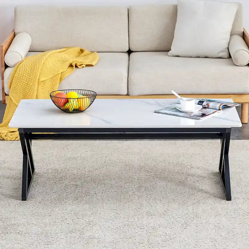 47  Modern Rectangular Coffee Table with Sintered Stone Tabletop and X-shaped Metal Legs