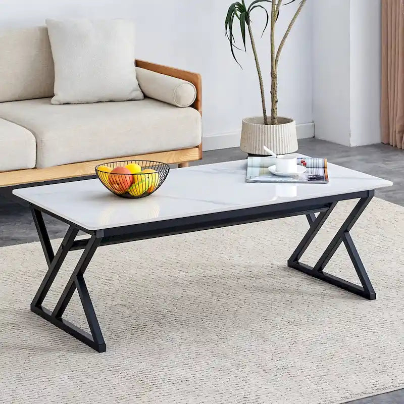 47  Modern Rectangular Coffee Table with Sintered Stone Tabletop and X-shaped Metal Legs