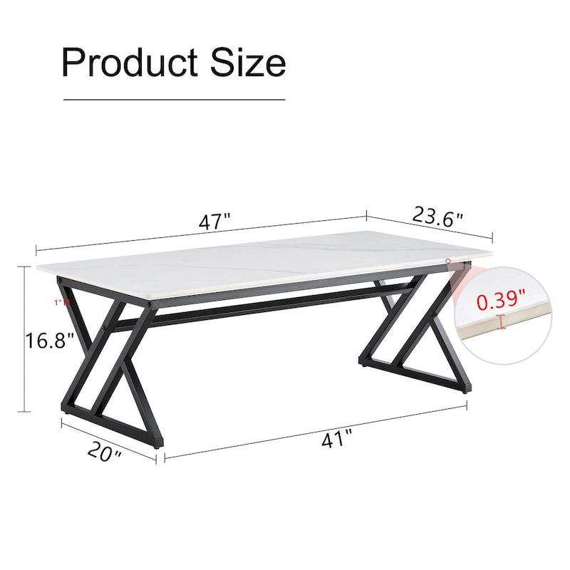 47  Modern Rectangular Coffee Table with Sintered Stone Tabletop and X-shaped Metal Legs