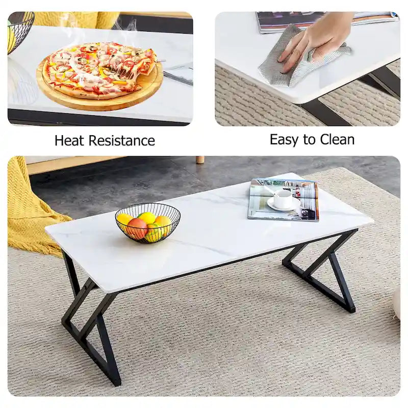 47  Modern Rectangular Coffee Table with Sintered Stone Tabletop and X-shaped Metal Legs