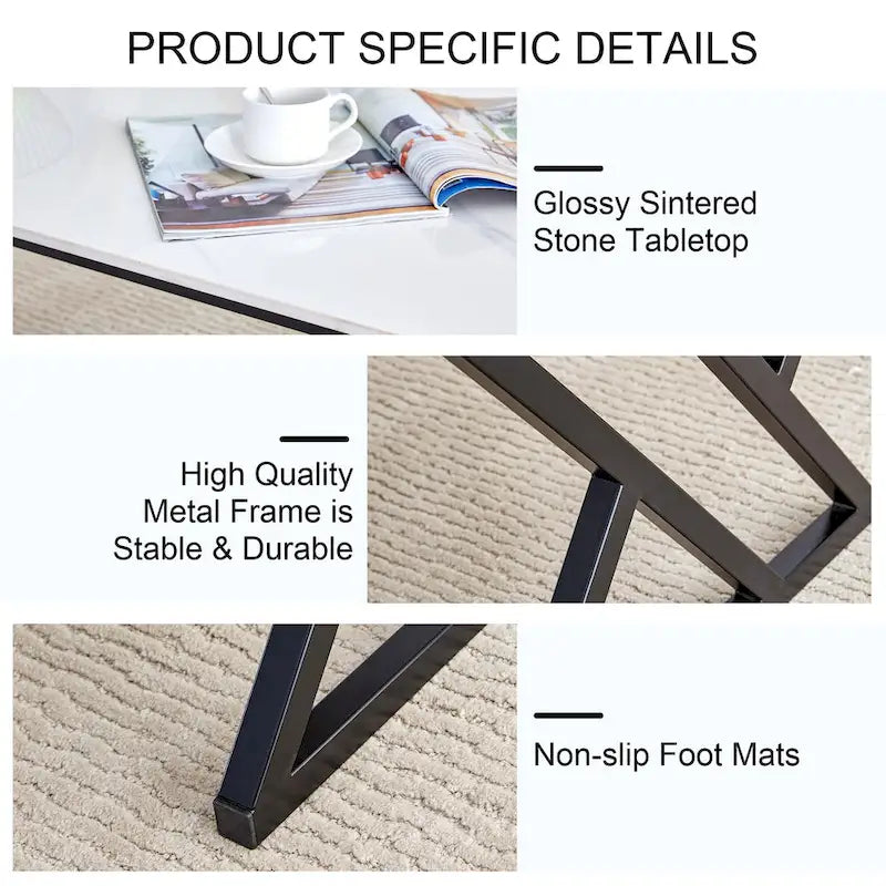 47  Modern Rectangular Coffee Table with Sintered Stone Tabletop and X-shaped Metal Legs