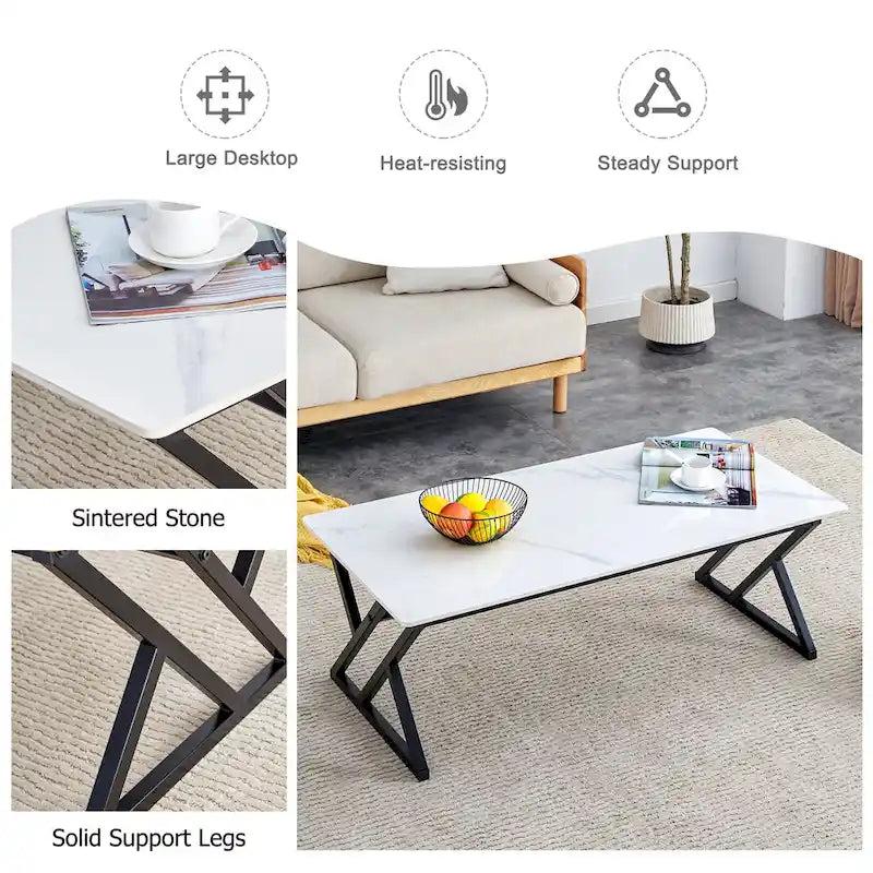 47  Modern Rectangular Coffee Table with Sintered Stone Tabletop and X-shaped Metal Legs