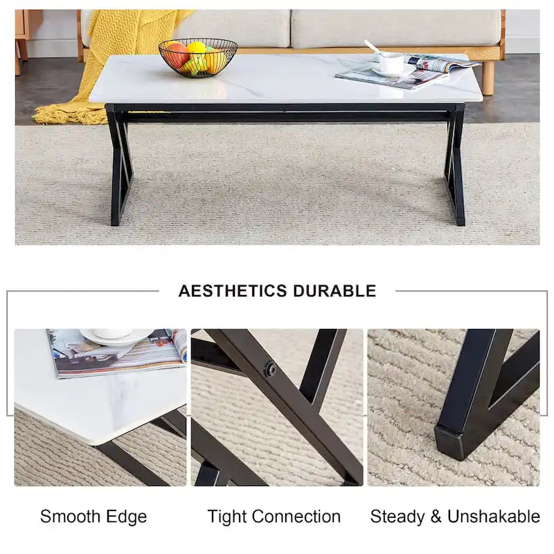 47  Modern Rectangular Coffee Table with Sintered Stone Tabletop and X-shaped Metal Legs
