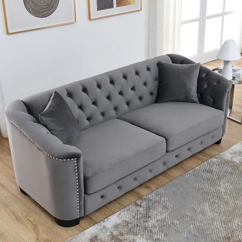 77  Chesterfield Velvet Button-tufted 3-Seater Sofa with Nailhead Decoration